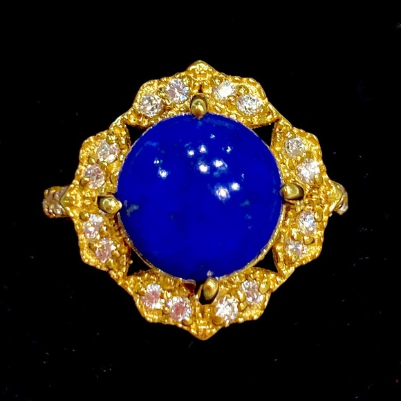 Cocktail Ring Size 6 Lapis Lazuli Cabochon & Diamonds - Picture 2 of 15